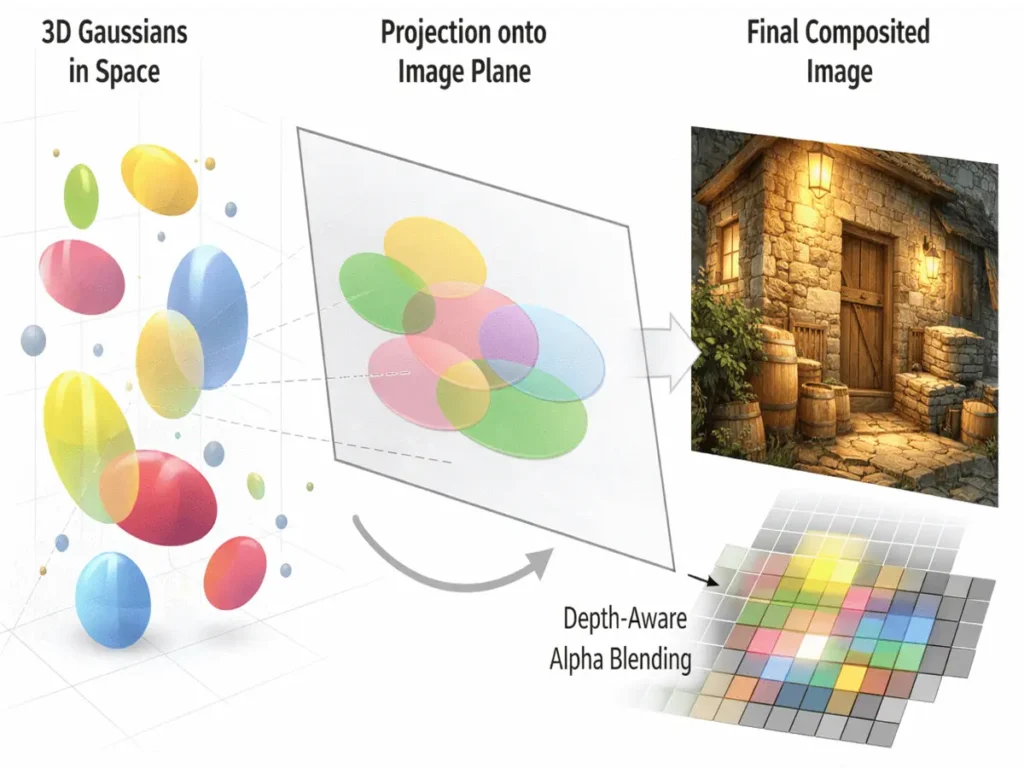 Gaussian Splatting visualization showing 3D Gaussians projected into a rendered image