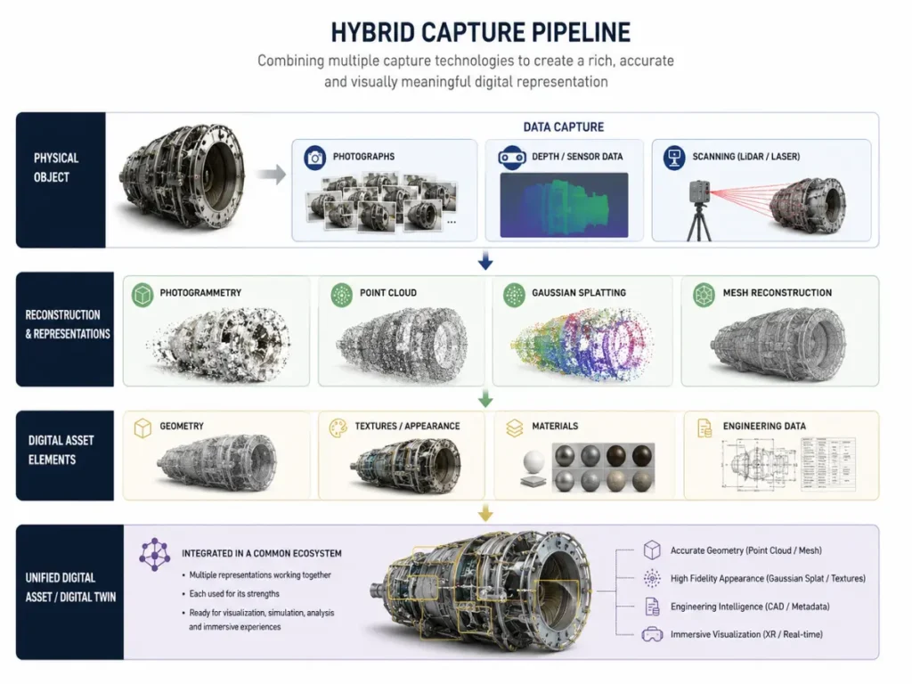 Hybrid 3D capture pipeline combining photogrammetry, scanning, point clouds and Gaussian Splatting