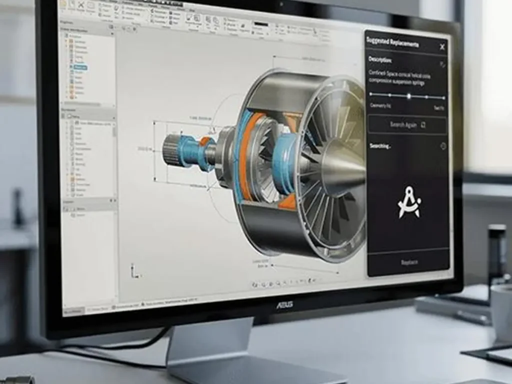 3D mechanical component and robotic assembly shown in a CAD-style environment, illustrating how AI can understand structured engineering models
