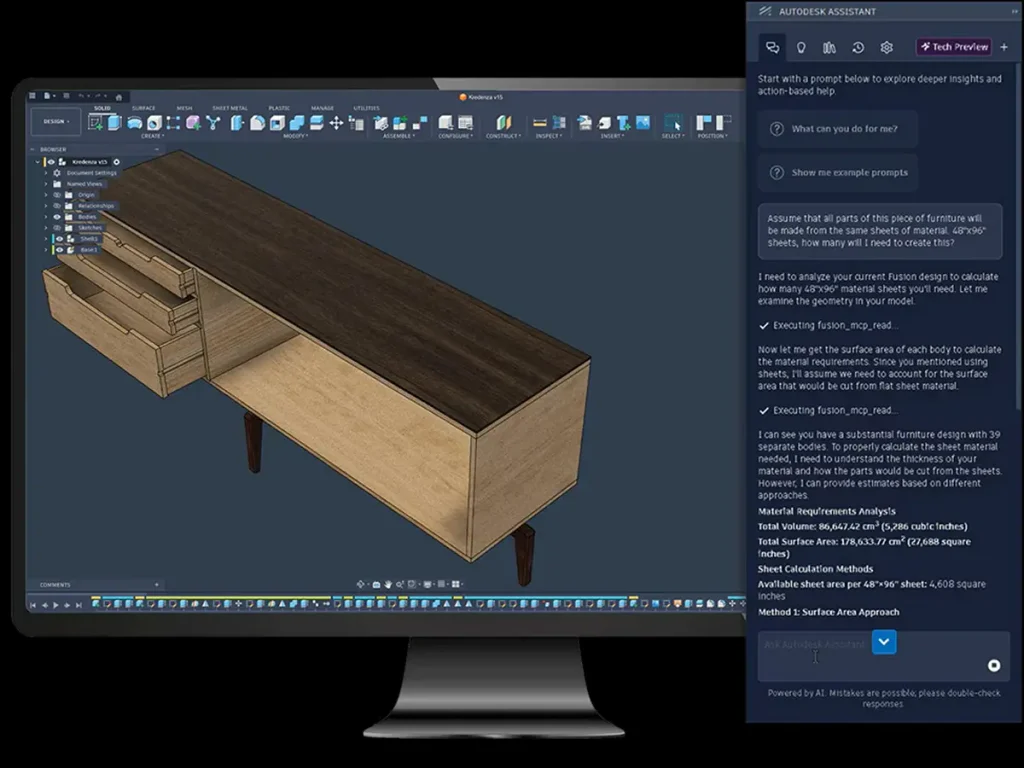 Computer display showing a 3D furniture CAD model alongside an AI assistant panel analyzing the engineering design