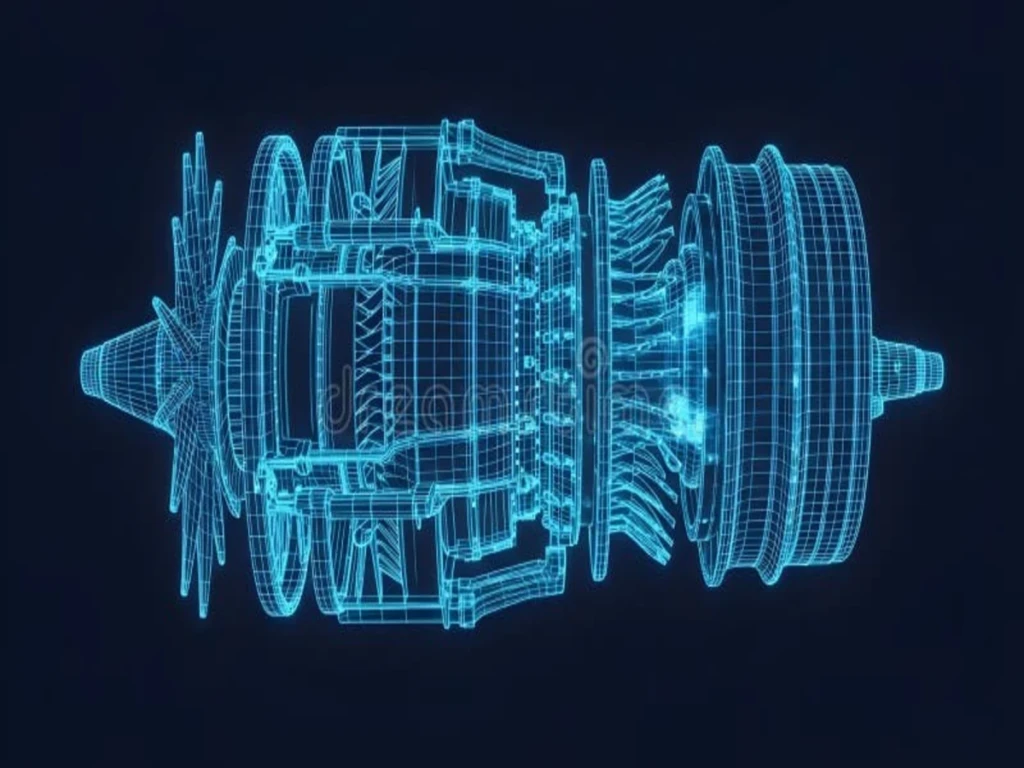 Digital blueprint visualization of a jet engine representing engineering metadata and interconnected aerospace components.